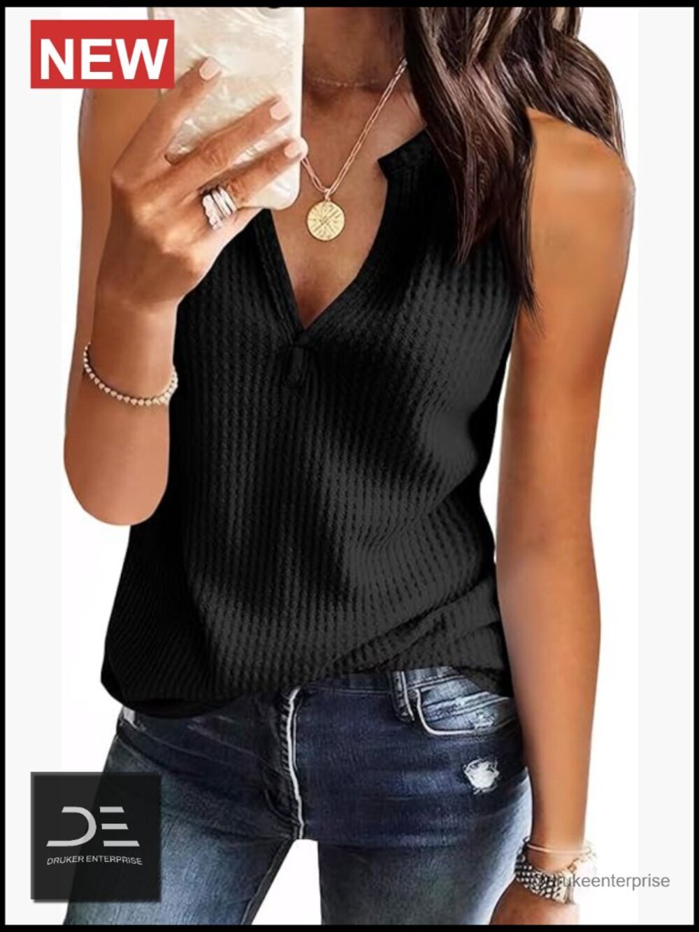 Womens V Neck Waffle Knit Sleeveless Tank Top Loose Fit Tee